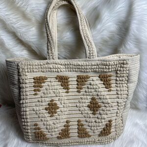 Evelyn K Hobo beige cotton extra large tote with brown and gold stitchin…